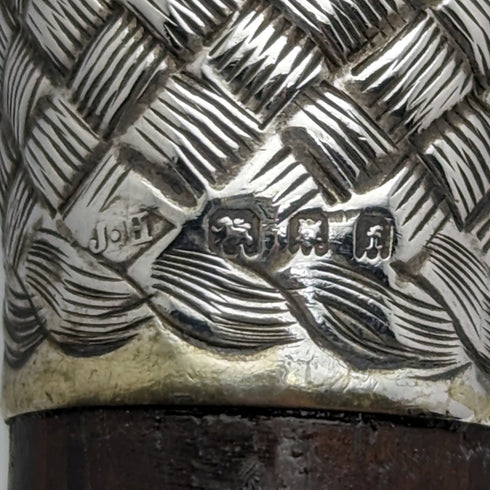 1901 British antique gentleman's walking stick, pure silver, engraved pattern, round handle, 89cm